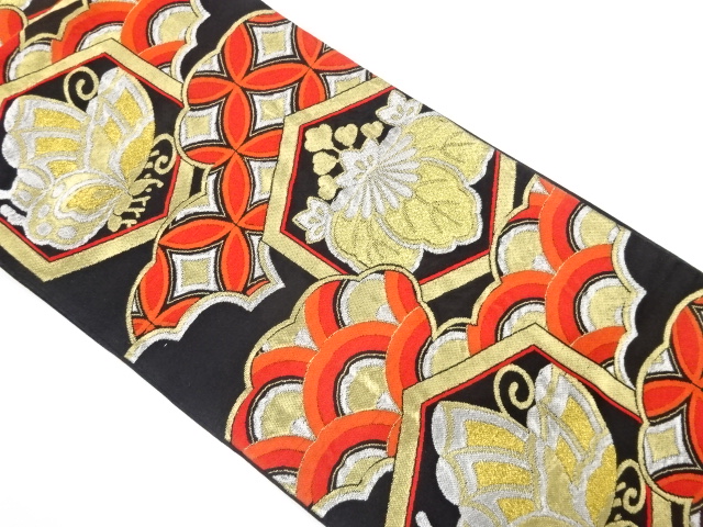 アンティーク　亀甲に桐・蝶模様織り出し袋帯（着用可）